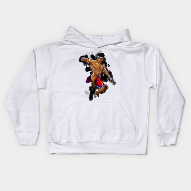 Muay Thai Fighter with black ink splats Kids Hoodie by YijArt